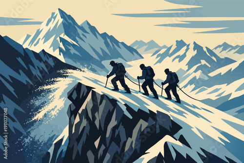 Climbers ascending a snowy peak, roped in a line, showing strong outdoor teamwork