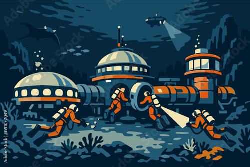 Underwater research base exploring ocean floor with divers and submarine