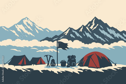 Mountain camp with tents and gear for extreme winter expedition