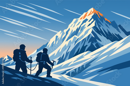 Mountain climbers reaching for the peak, exploring challenging snowy alpine landscape