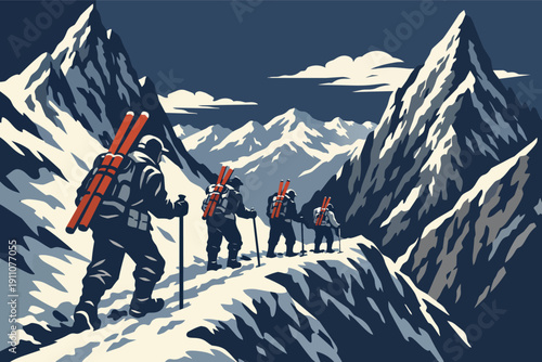 Ski mountaineers ascending snowy mountain ridge, exploring winter wilderness