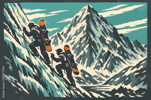 Snowboarders backcountry ski touring an alpine mountain vintage poster artwork