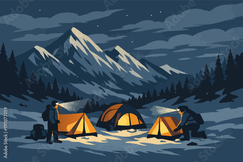 Winter camping expedition in snowy mountains at night, adventurers setting up tents