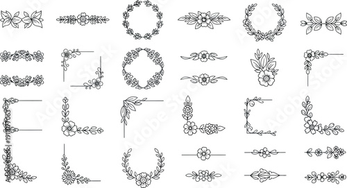 Elegant collection of hand drawn black and white floral dividers wreaths corner elements and decorative flourishes perfect for wedding invitations or beautiful branding design projects
