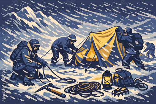 Mountaineering team setting up expedition camp during a challenging winter blizzard