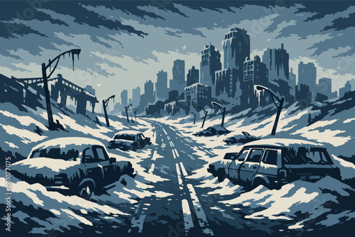 Abandoned city street with snow-covered cars, a frozen bridge, and distant ruined buildings