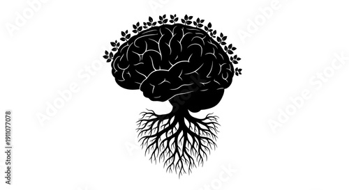 A black silhouette of a human brain with roots and flowers growing from it, symbolizing growth, creativity, and mental well-being, on a white background viewed from the side.