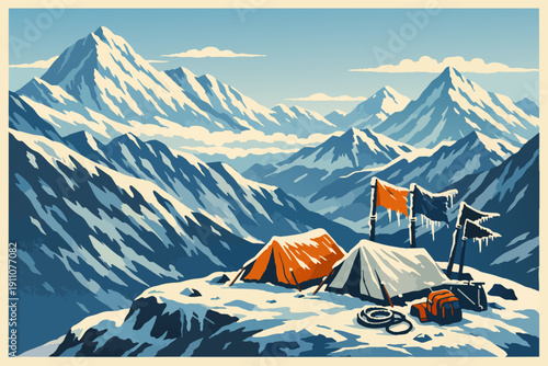 Mountain base camp with tents, flags, and climbing equipment on snowy peaks