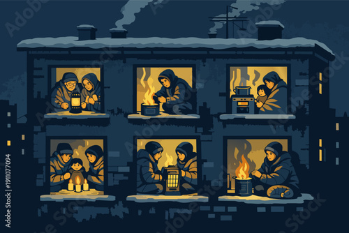 People enduring electricity blackout in city apartment building, finding warmth in winter crisis