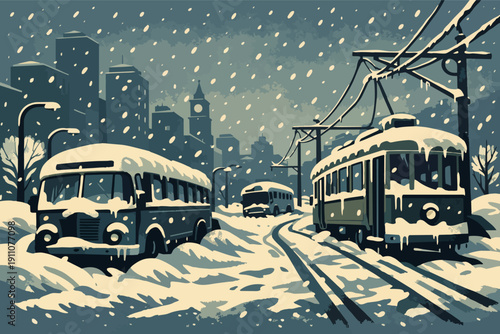 Winter city snowstorm with vintage bus and tram in heavy falling snow