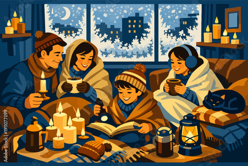 Family enjoying warmth and comfort during winter power outage with candles
