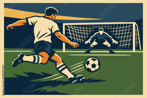 Soccer player taking a penalty kick against goalkeeper during a competition