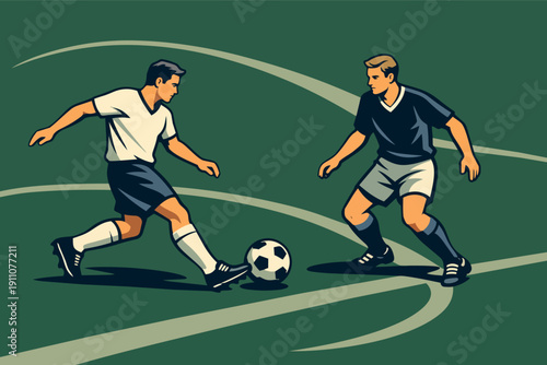 Football players competing for the ball on a green field in vintage illustration style