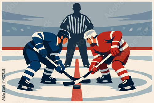 Ice hockey players beginning face off in intense game with referee overseeing