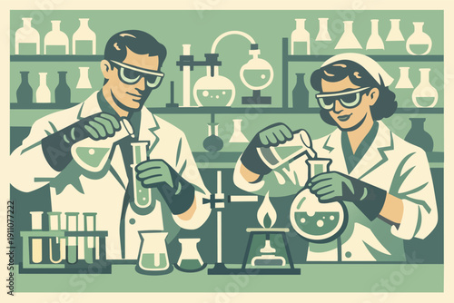 Scientists conducting chemistry experiment in laboratory with retro scientific equipment