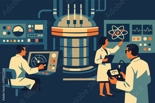 Scientists conducting nuclear physics research in a retro-futuristic laboratory setting
