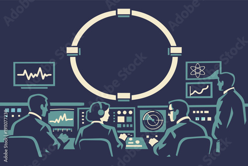 Scientists monitoring data in a retro space mission control room illustration
