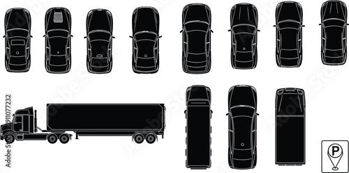Collection of vehicle top view silhouettes including cars, truck and trailer isolated on white background, detailed transport icons for automotive design and logistics graphics