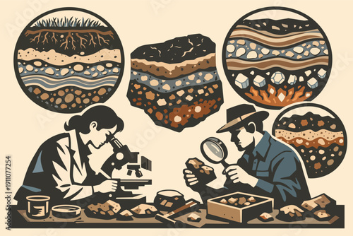 Geologists researching earth strata and soil composition using scientific tools