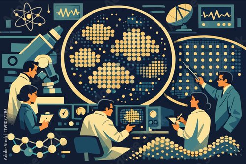 Scientists working in lab doing research and analyzing data, collaborating on experiments