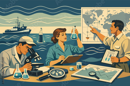 Oceanographers analyzing marine samples and planning research expedition