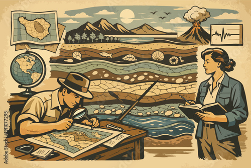 Geologists studying earth layers, fossils, and seismic activity with maps and globes