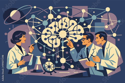 Scientists researching artificial intelligence and neural networks in a futuristic lab