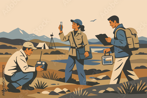 Scientists researching environmental changes in nature and ecology field expedition