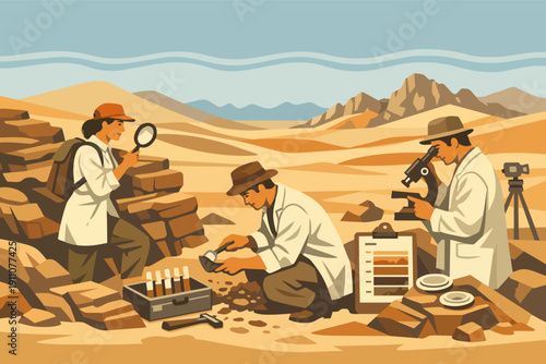 Scientists researching geology and ancient discoveries in a desert archaeological site