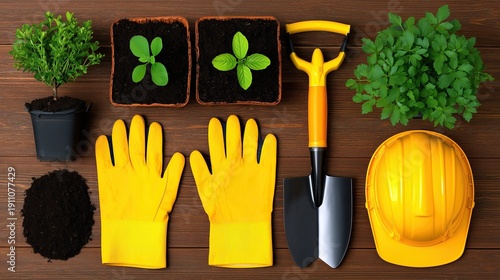 Gardening Tools and Supplies on Wooden Table for Planting Activities