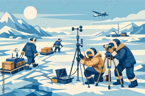 Scientists conducting climate change research and meteorology in arctic expedition
