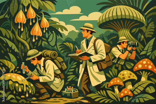Scientists exploring jungle, researching exotic mushrooms and recording discoveries