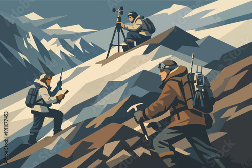 Mountain research expedition team collecting scientific data in snowy peaks
