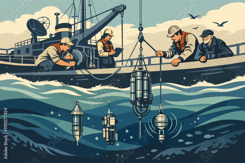 Scientists conducting marine research using oceanographic instruments from a survey ship