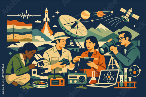 Scientists researching different fields like space, geology, biology, and chemistry
