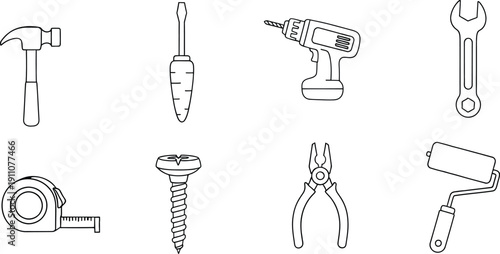 Vector Outline Icons of Common Hand Tools for Home Improvement and Engineering