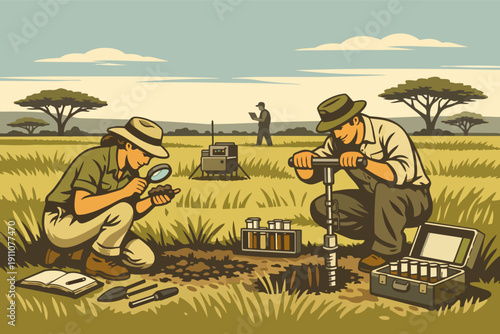 Scientists conducting soil sampling and environmental field research in savanna landscape