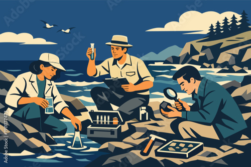 Scientists conducting environmental research, collecting water and rock samples outdoors