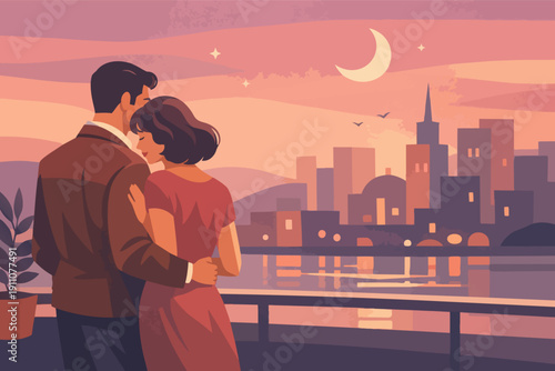 Romantic couple embracing on balcony watching sunset cityscape with moon