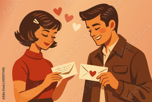 Couple exchanging love letters, celebrating romance and vintage valentine's day