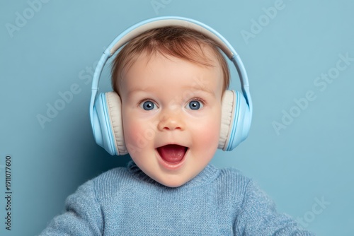 Wallpaper Mural Cute baby enjoying music with studio headphones Torontodigital.ca