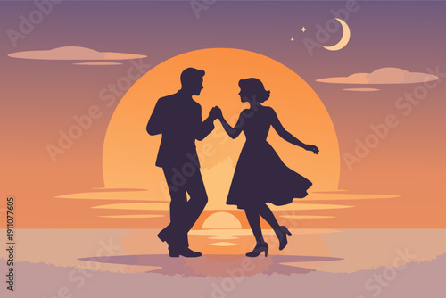 Romantic retro couple dancing silhouette at sunset with moon and stars
