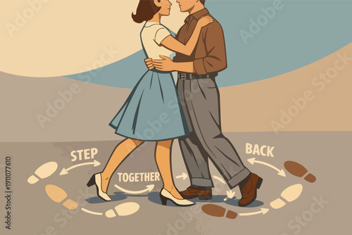 Couple dancing classic steps, learning mid-century swing dance moves together