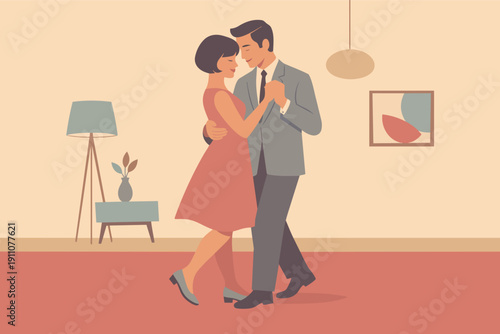 Elegant couple enjoying romantic dance, celebrating love and partnership in retro style