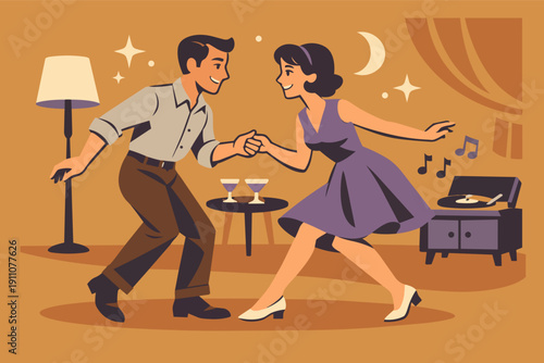 Happy couple dancing vintage swing in a retro fifties or sixties party at home