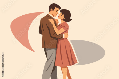 Couple dancing embracing in vintage retro style, celebrating love and romance