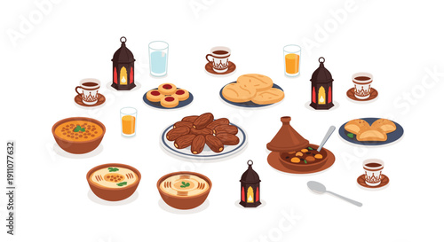 Ramadan Iftar food including dates, lentil soup, hummus, pastries, and coffee is arranged with lanterns and a tajine.