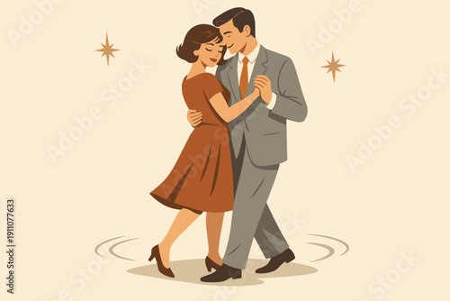 Romantic couple dancing ballroom together, finding connection in vintage style