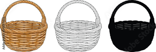 Woven basket silhouette & Outline and illustration set isolated on transparent background