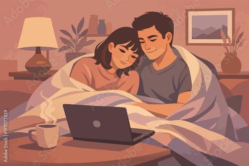 Couple enjoying cozy evening at home, watching movie on laptop, drinking coffee